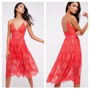 Free people match point pink sheer belted lace dress